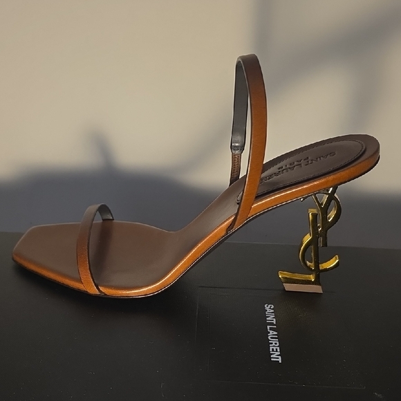 Saint Laurent Shoes - Saint Laurent Brown Leather YSL Logo Heel Sandal